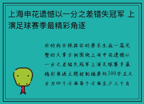 上海申花遗憾以一分之差错失冠军 上演足球赛季最精彩角逐
